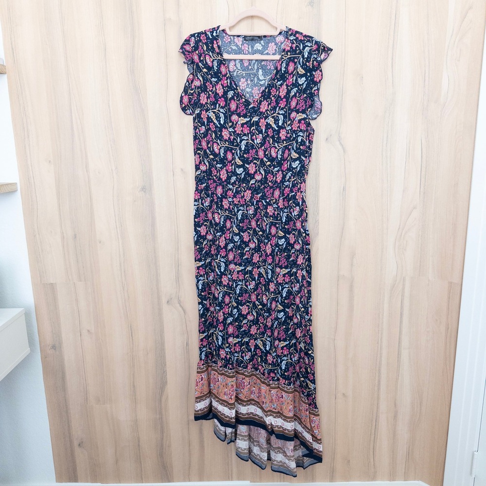 Womens Floral Maxi Dress XL Navy Pink High Low Ruffle Boho Cottage Romantic